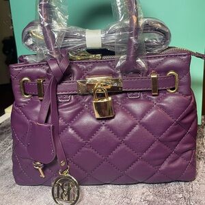 Badgley Mischka Purple Quilted Satchel with Gold Accents